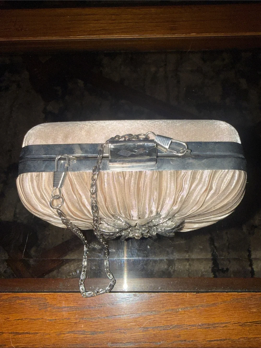 Charming Charlie Champagne Satin Crystal Flower Evening Clutch